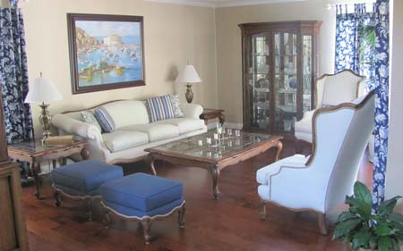 Living Room White Blue Chair, Ottoman, Sofa, Window Treatment
